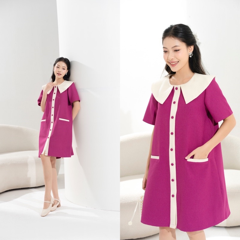 Đầm tweed dáng suông A phối cổ bản to nẹp viền cúc bọc