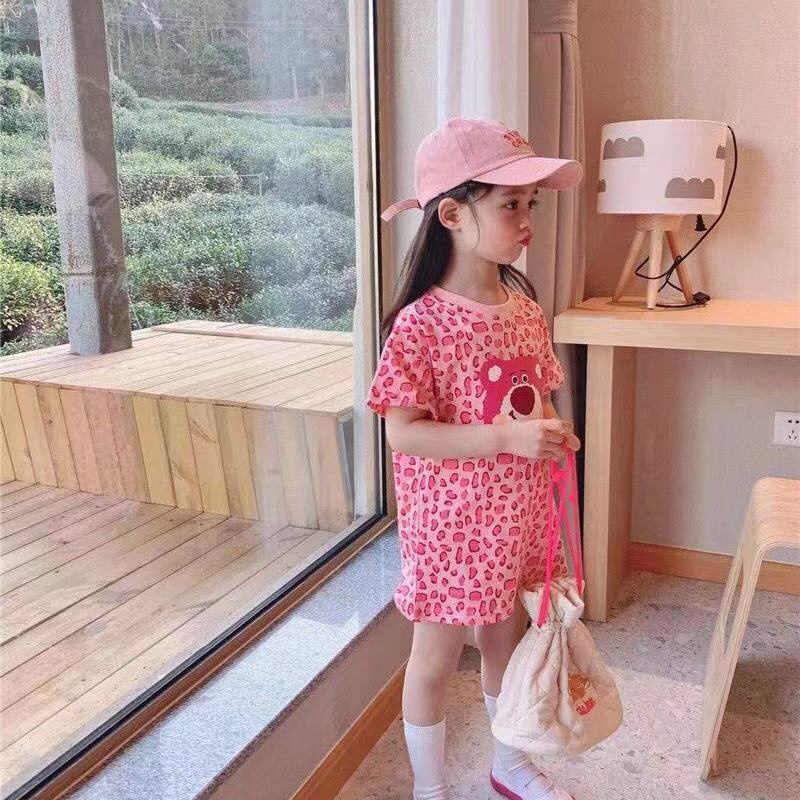 Đầm Thun Ngắn Tay In Hình Chú Gấu Hoạt Hình Dễ Thương Cho Bé Gái