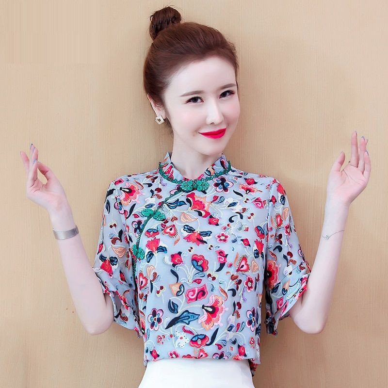 Áo Kiểu Sườn Xám Cách Tân Vải Voan In Họa Tiết Phong Cách Trung Hoa Cổ Điển Thời Trang Cho Nữ