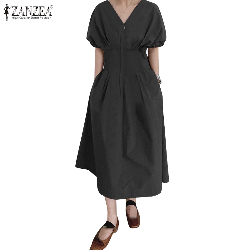 Đầm Zanzea dài tay cổ V tay ngắn phồng xếp ly thời trang cho nữ
