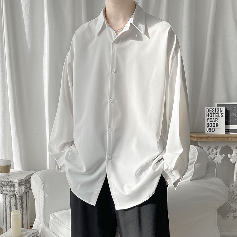 Áo Sơ Mi Tay Dài Bằng Lụa Lạnh Cao Cấp Dáng Rộng Màu Đen Dễ Phối Đồ Thời Trang Hàn Quốc Cho Nam