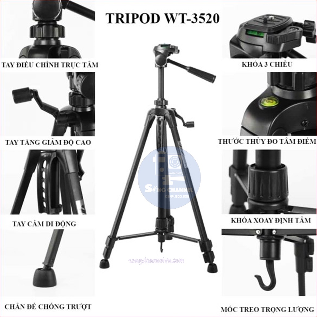 Chân đế máy ảnh, điện thoại, tripod WEIFENG WT-3520, tặng kèm đầu kẹp điện thoại, remote và túi đựng