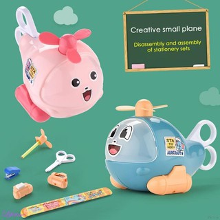 set dụng cụ học tập 7 món hình máy bay dễ thương cho bé gồm bút chì, gọt bút chì, cục tẩy, kéo cắt, thước kẻ,hộp bútTE24