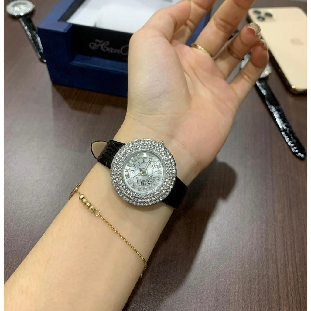 Đồng hồ nữ mặt full đính đá dây da đen vân rắn sang trọng