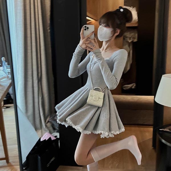 Đầm dài tay chữ A cổ vuông xếp ly thời trang ren đầm ngắn nữ QGI89