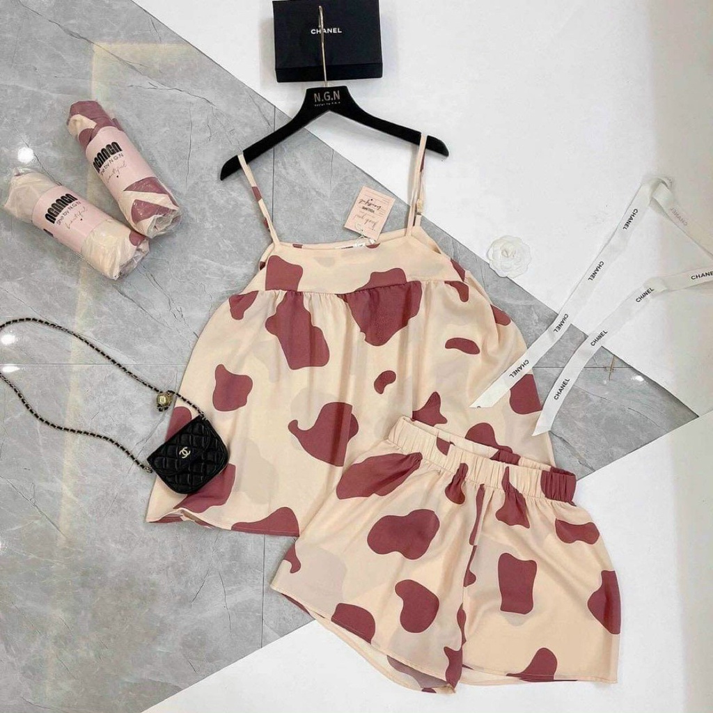 Đồ ngủ pijama bộ ngủ bò sữa nữ cộc tay mùa hè, pijama lụa kate dễ thương,Bộ Đồ Ngủ Cute Cho Nữ