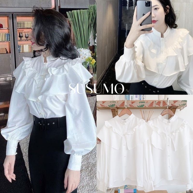Áo sơ mi trắng kiểu phối hoạ tiết viền cổ tiểu thư chất liệu cotton thấm hút mồ hôi - A569