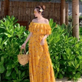 Đầm trễ vai họa nhí hoangyenmaxi vàng phối bèo