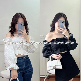 Áo trễ vai vải gấm bánh bèo dáng croptop hở vai tay bèo bồng nhún xinh xắn