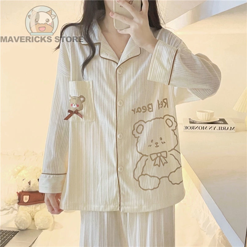 Bộ Đồ Ngủ Tay Dài In Hình Gấu Dễ Thương Phong Cách Hàn Quốc Cho Nữ