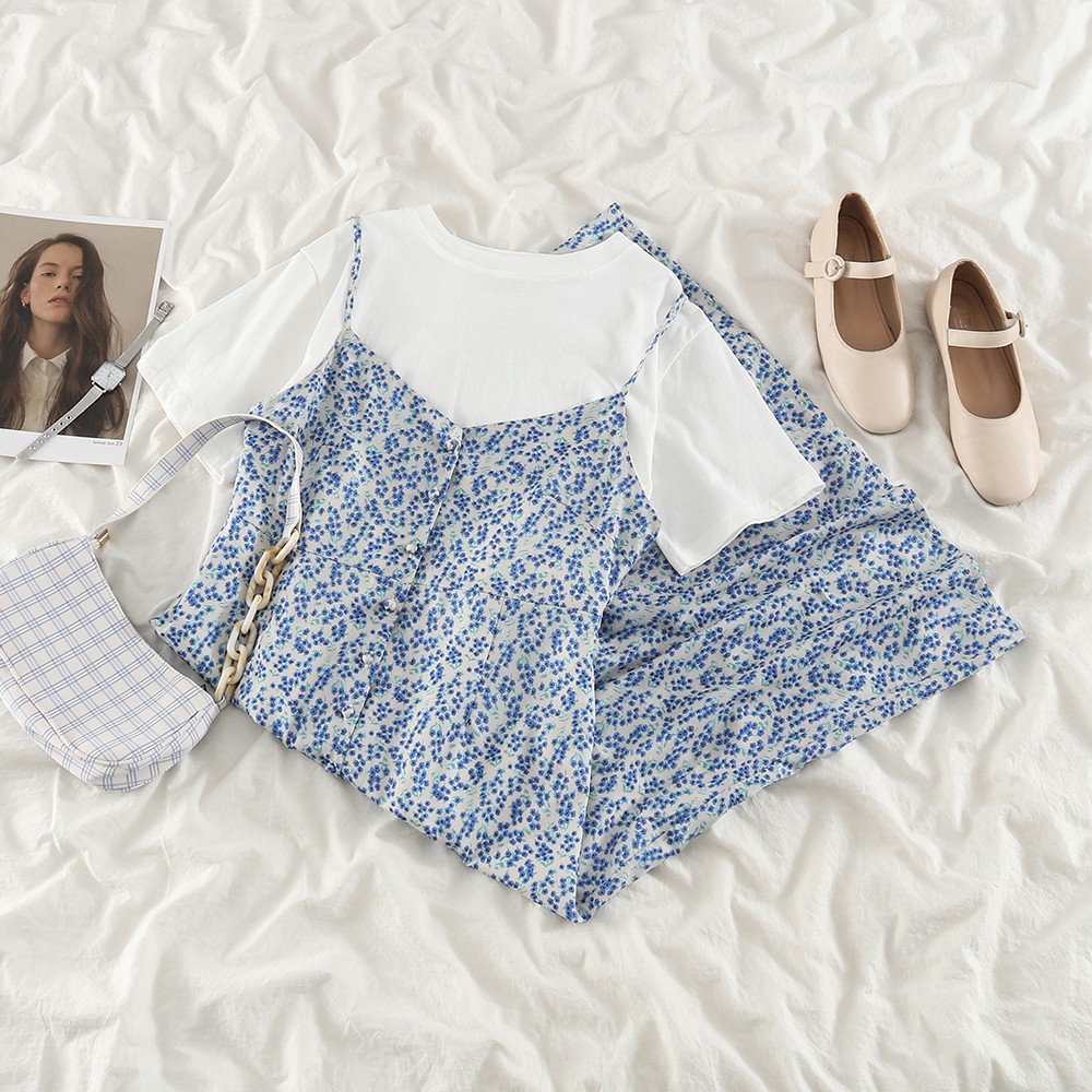 Set Áo Thun Ngắn Tay Đầm Yếm Họa Tiết Hoa Xinh Xắn Dành Cho Nữ （Buy separately）