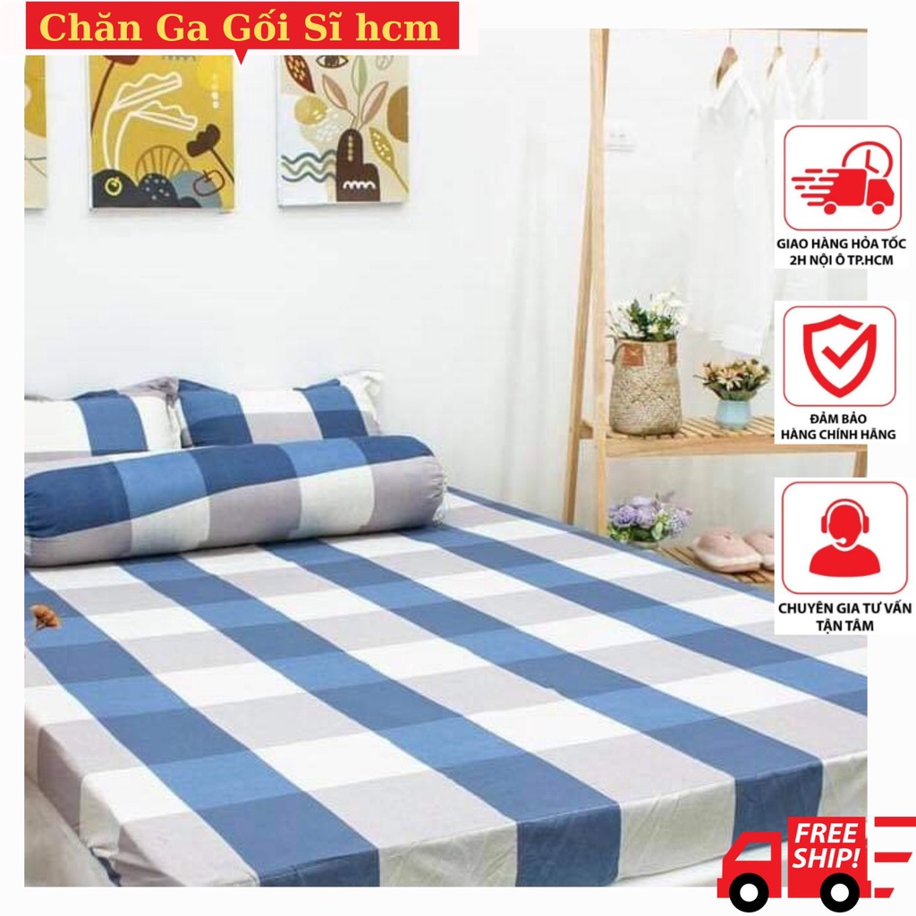 Ga trải giường mẫu Kẻ Diêm Xanh, drap trải giường mẫu kẻ Diêm kích thước 1M,1m2x2m, chăn ga gối sỉ HCM có bọc chun.