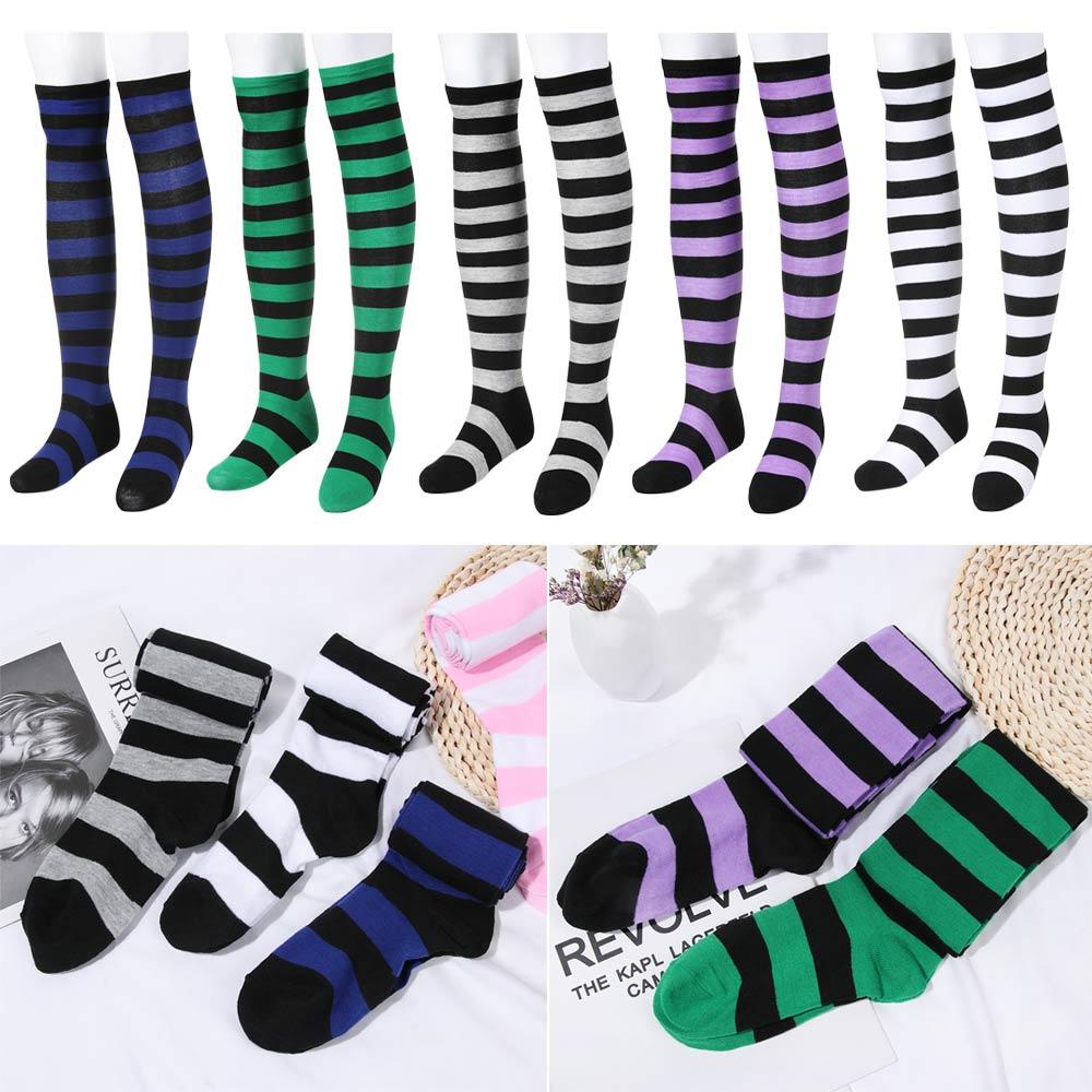 Vớ Cotton Dệt Kim Giữ Ấm Dài Qua Gối Họa Tiết Kẻ Sọc Thời Trang