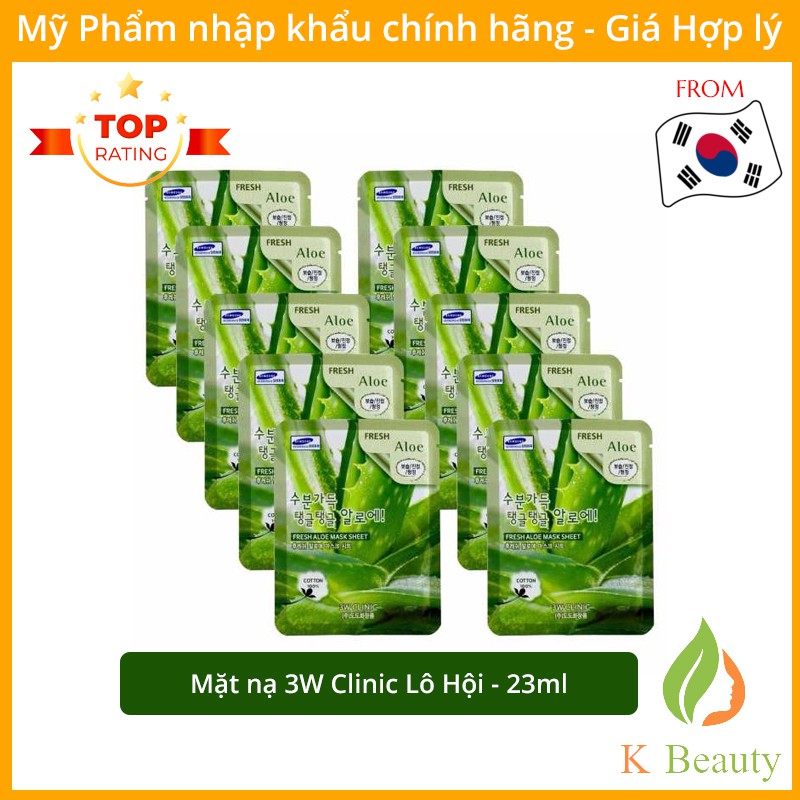 Bịch 10 Túi Mặt nạ giấy dưỡng trắng da chiết xuất lô hội - 3W Clinic Fresh Aloe Mask Sheet - Hàn Quốc 23mlx10