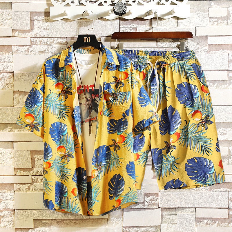 Set áo sơ mi ngắn tay + quần short đi biển in họa tiết hoa khô nhanh thời trang mùa hè cho nam