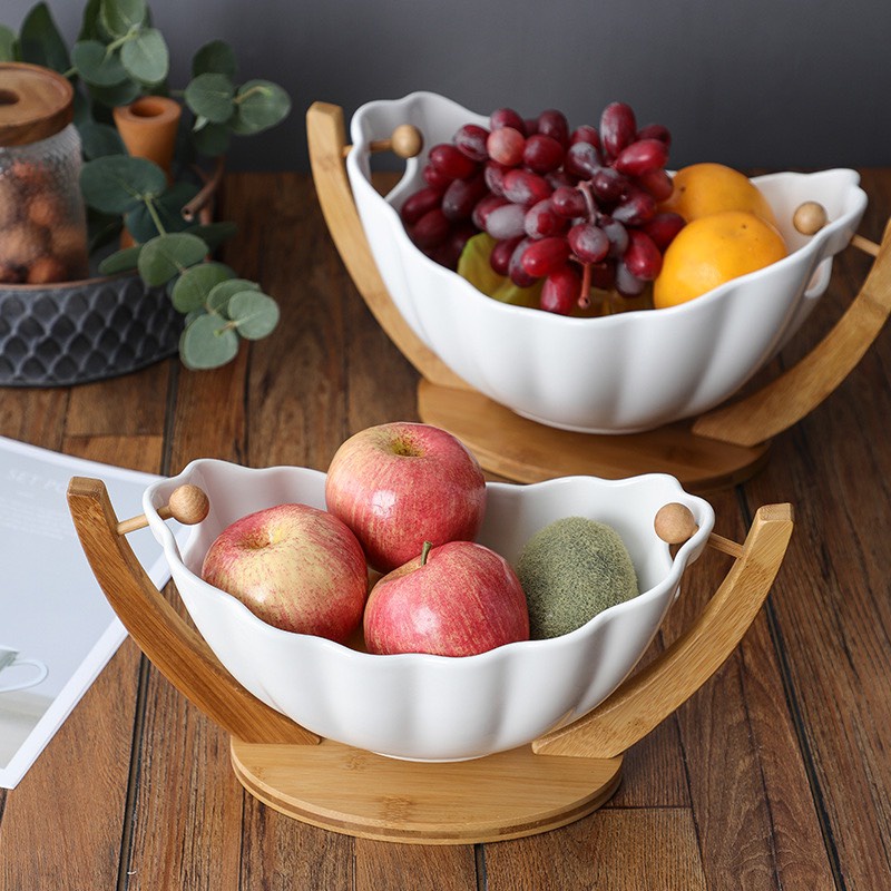 (SẴN) Tô salad, tô trái cây sứ kèm kệ gỗ, nhiều kiểu dáng đa dạng - Sứ trắng cao cấp k chì - Hàng xuất Âu