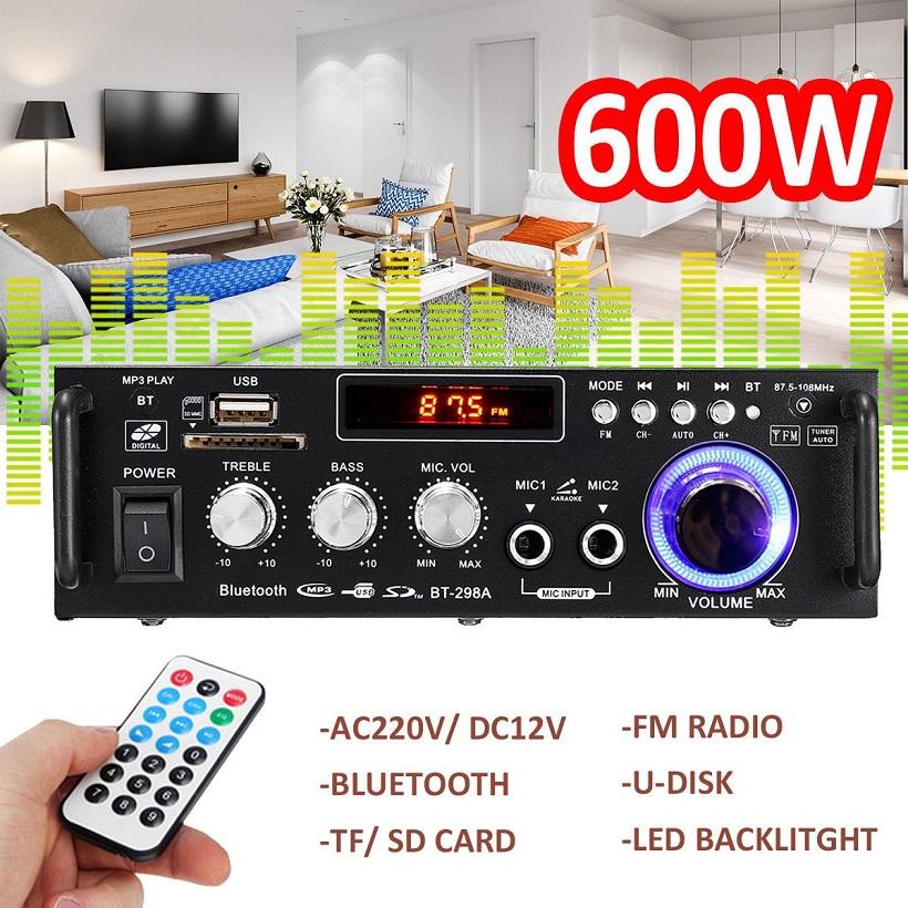 Bộ Ampli Mini Bluetooth BT-298A sử dụng nguồn AC 220v hoặc DC 12V tích hợp 2 cổng MIC - Ampli Mini Karaoke Bluetooth