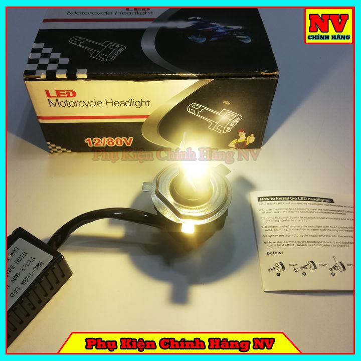 Đèn Pha Led H4 3 Tim Siêu Sáng Hộp Xịn - Ánh Sáng Vàng