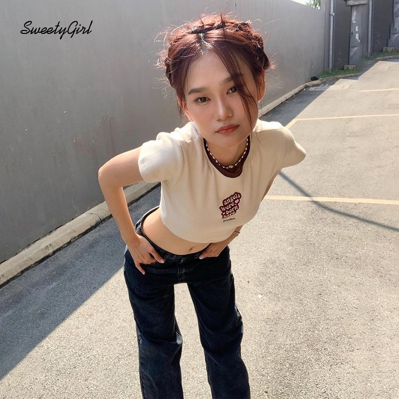 Áo Thun Croptop Tay Ngắn Cổ Tròn In Chữ Phối Màu Tương Phản Thời Trang 2022 Cho Nữ