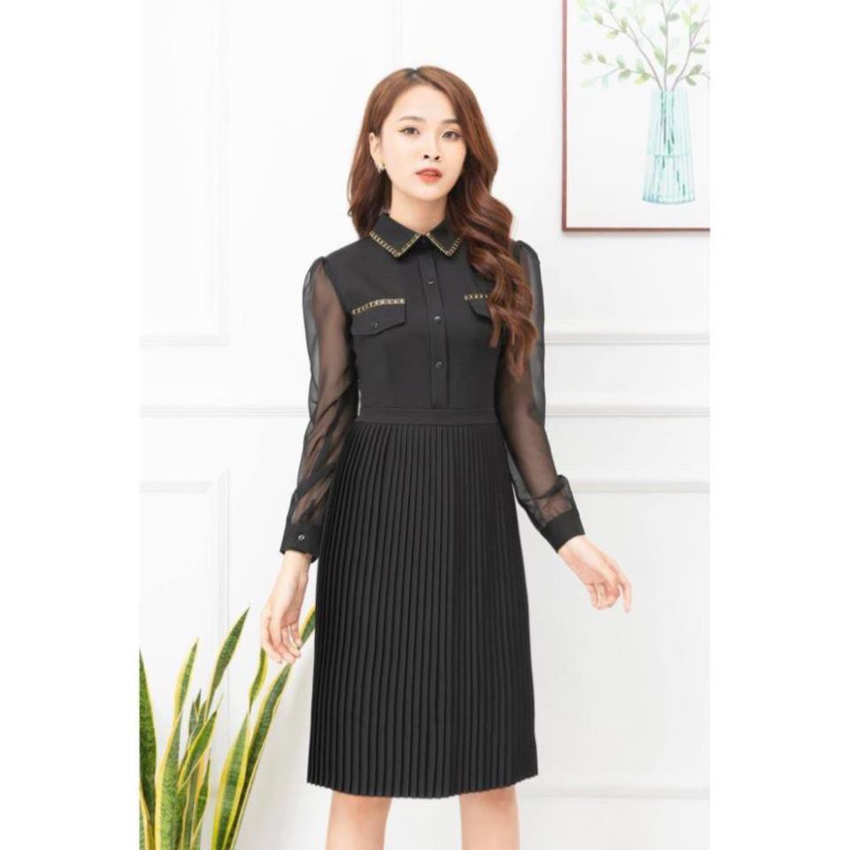 Váy Thiết Kế VNXK Cao Cấp V2183 - Đầm Công Sở Nữ Cổ Đức Trượt Hàn Xếp Ly Phối Tay Voan Sang Trọng - TINI Shop 💃