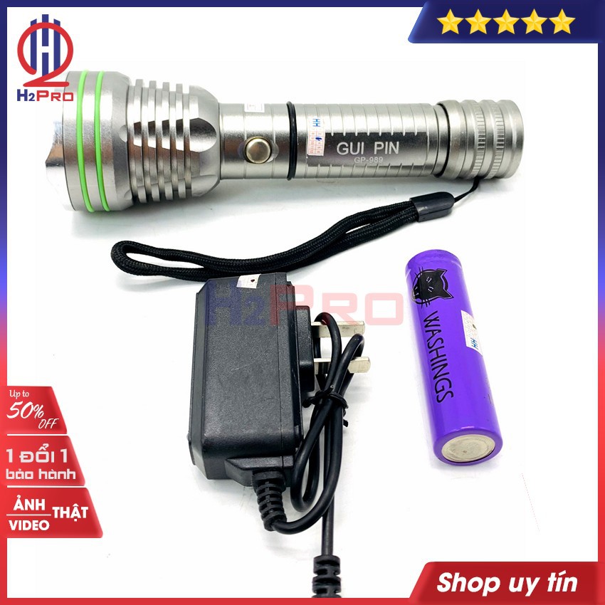 Đèn pin LED siêu sáng mini pin sạc GUI PIN GP-989 H2Pro cao cấp LED Cree Q5-chiếu xa 300m,3 chế độ sáng-LED trắng