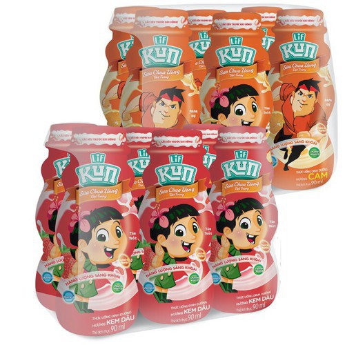 Thùng Sữa Chua Uống Tiệt Trùng Kun 48 chai x 90ml Lọ Hương Dâu/Cam