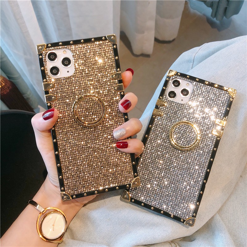 Ốp Điện Thoại Hình Vuông Lấp Lánh Sang Trọng Kèm Giá Đỡ Nhẫn Xoay 360 Độ Chống Sốc Cho iPhone 12 11 Pro Max X XR XS Max 7 8 Plus SE 2020