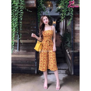 Jumpsuit nữ, áo 2 dây quần lửng ống rộng, họa tiết hoa nhí