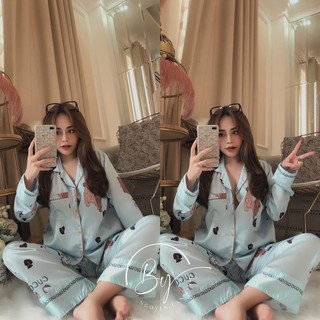 Đồ bộ mặc nhà - Bộ ngủ lụa satin tay dài - bộ lụa satin dài tay - bộ lụa dài tay- mèo hông xinh xuất sắc