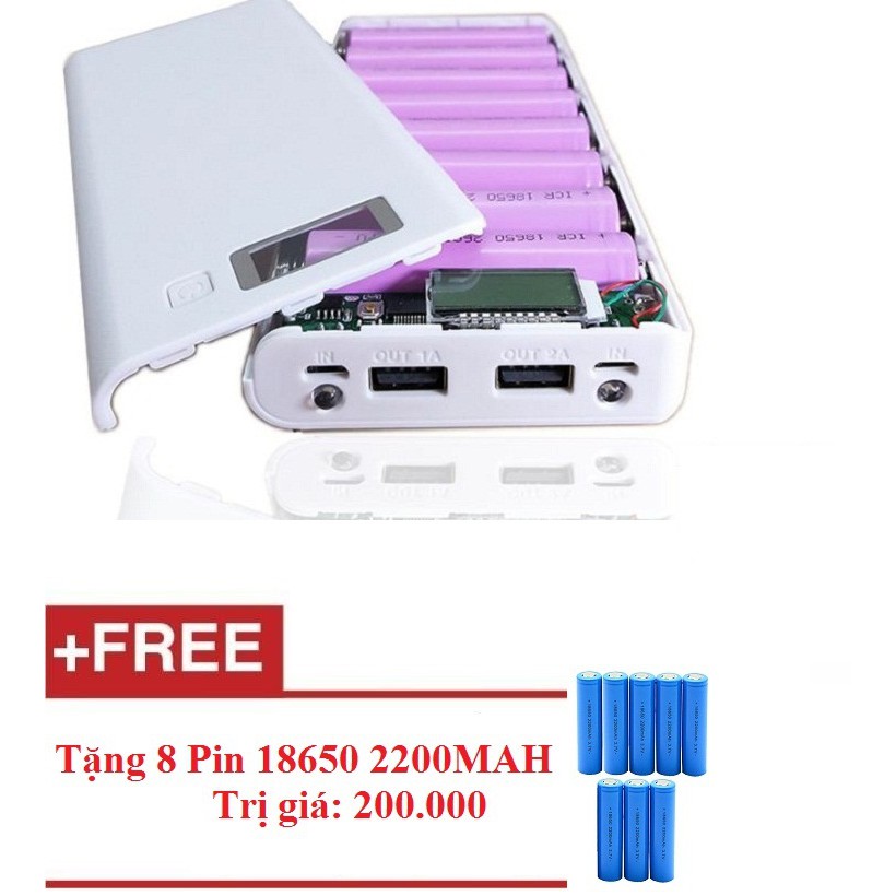 Khung 8 pin sạc dự phòng 30.000mAh dùng pin laptop 18650 + tặng 8 Pin 2200Mah