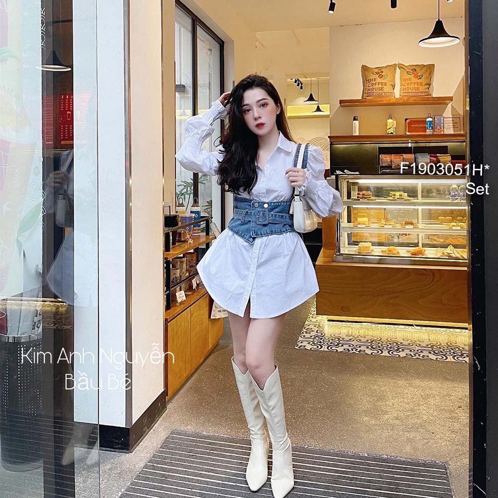 Set áo sơ mi trắng form giấu quần tay dài bo thun phối áo jean croptop một vai thắt đai eo!