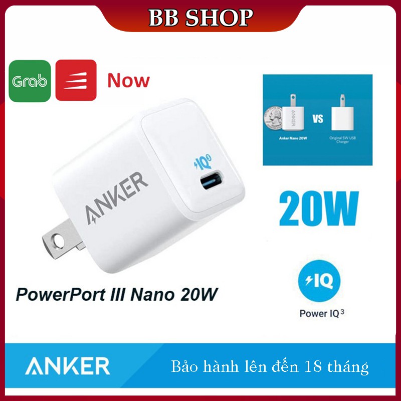 Củ sạc ANKER 18W 20W PowerPort III Nano sạc nhanh iPhone 11/ iPhone 12 1 cổng USB-C PiQ 3.0 tương thích PD - A2634