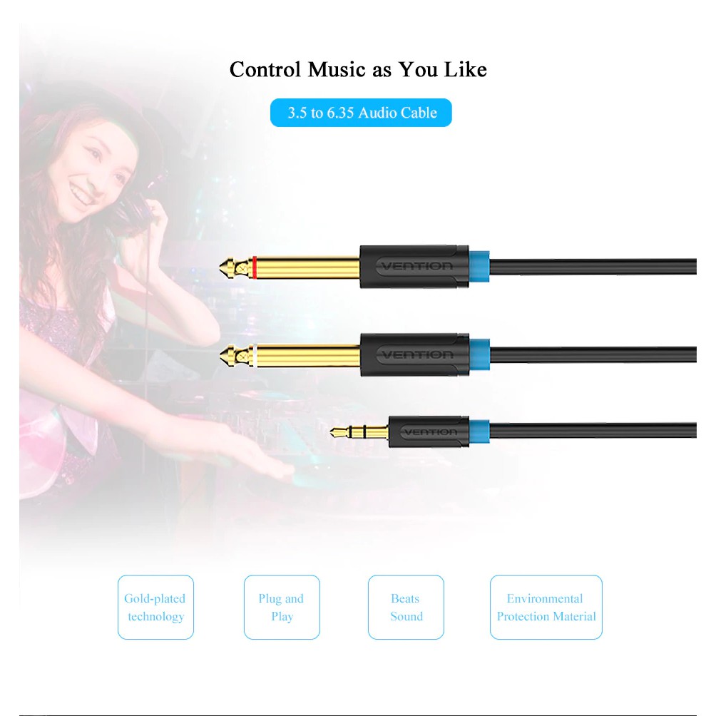 Vention 3.5mm To 6.5mm Adapter Jack Audio Cable Double Male 1/4&quot; Mono Jack To Stereo 1/8&quot; Jack AUX