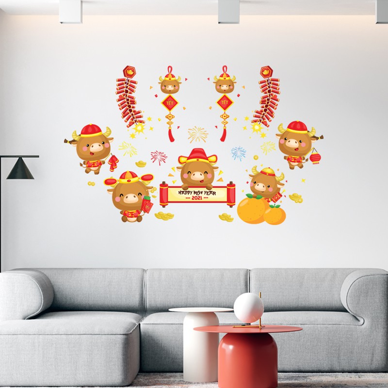 Hình Dán Tường Trang Trí Phòng Khách,Trang Trí Quán,Trang Trí Phòng Ngủ | Decal Dán Tường Chủ Đề Tết Đong Đầy