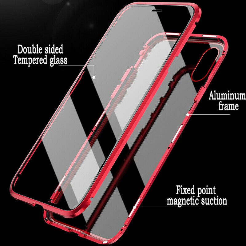 Ốp Điện Thoại Kính Cường Lực Hai Mặt Viền Kim Loại Nam Châm Cho iPhone 6 6s 7 8 Plus 6Plus 6SPlus 7Plus 8Plus X XR XS XSMax