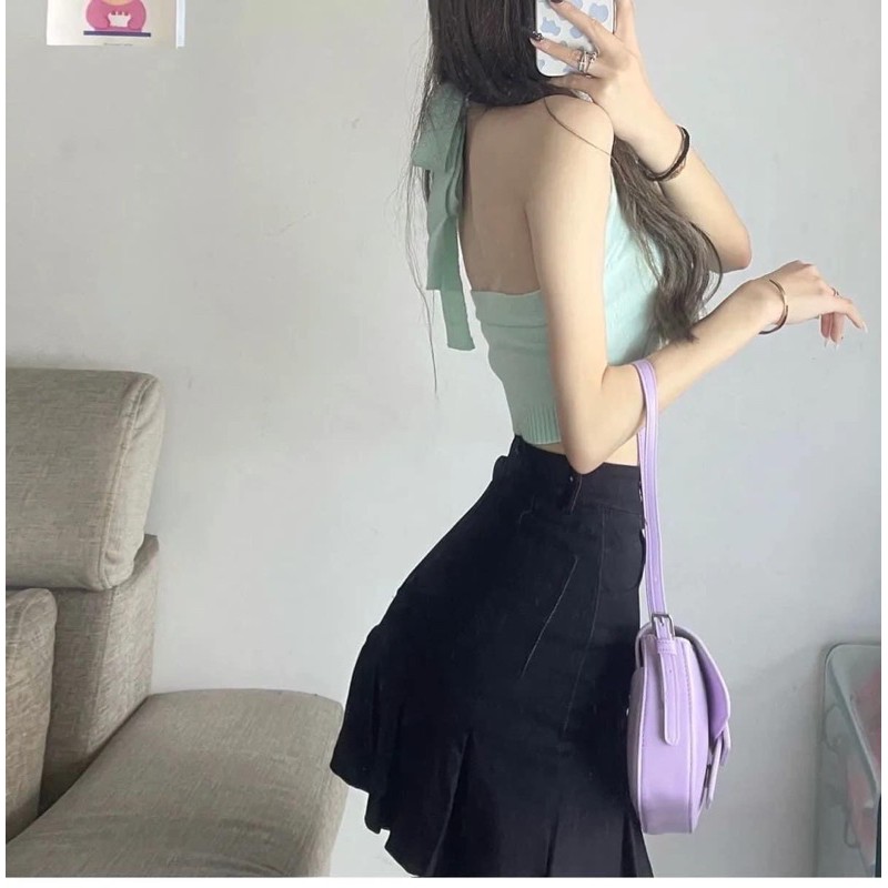 Áo croptop len hai dây buộc cổ