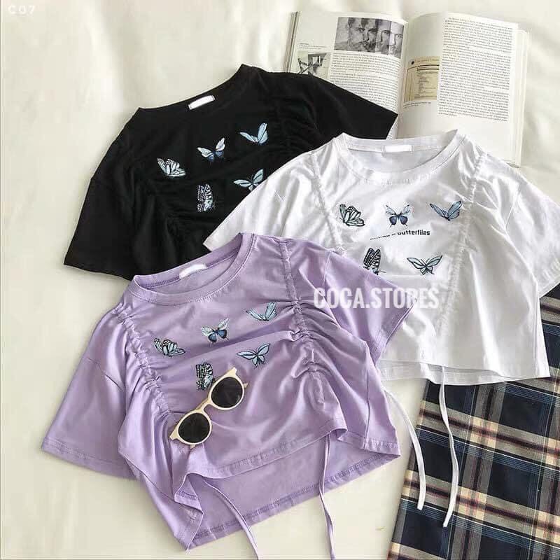 [Mã FADI5K245 giảm 5K đơn bất kì] Áo croptop / Áo thun croptop rút dây tay dài chất đẹp in hình bươm bướm ACRBB087