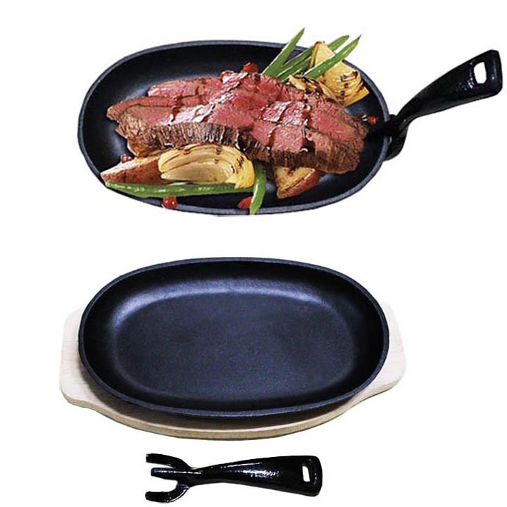 [ Đế Gỗ ] Chảo Gang Chống Dính Làm bít Tết Oval Đa Năng