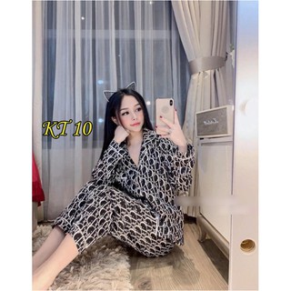 Bộ pijama lụa gấm tay dài-quần dài họa tiết DIOR [ẢNH THẬT+HÀNG CHUẨN]