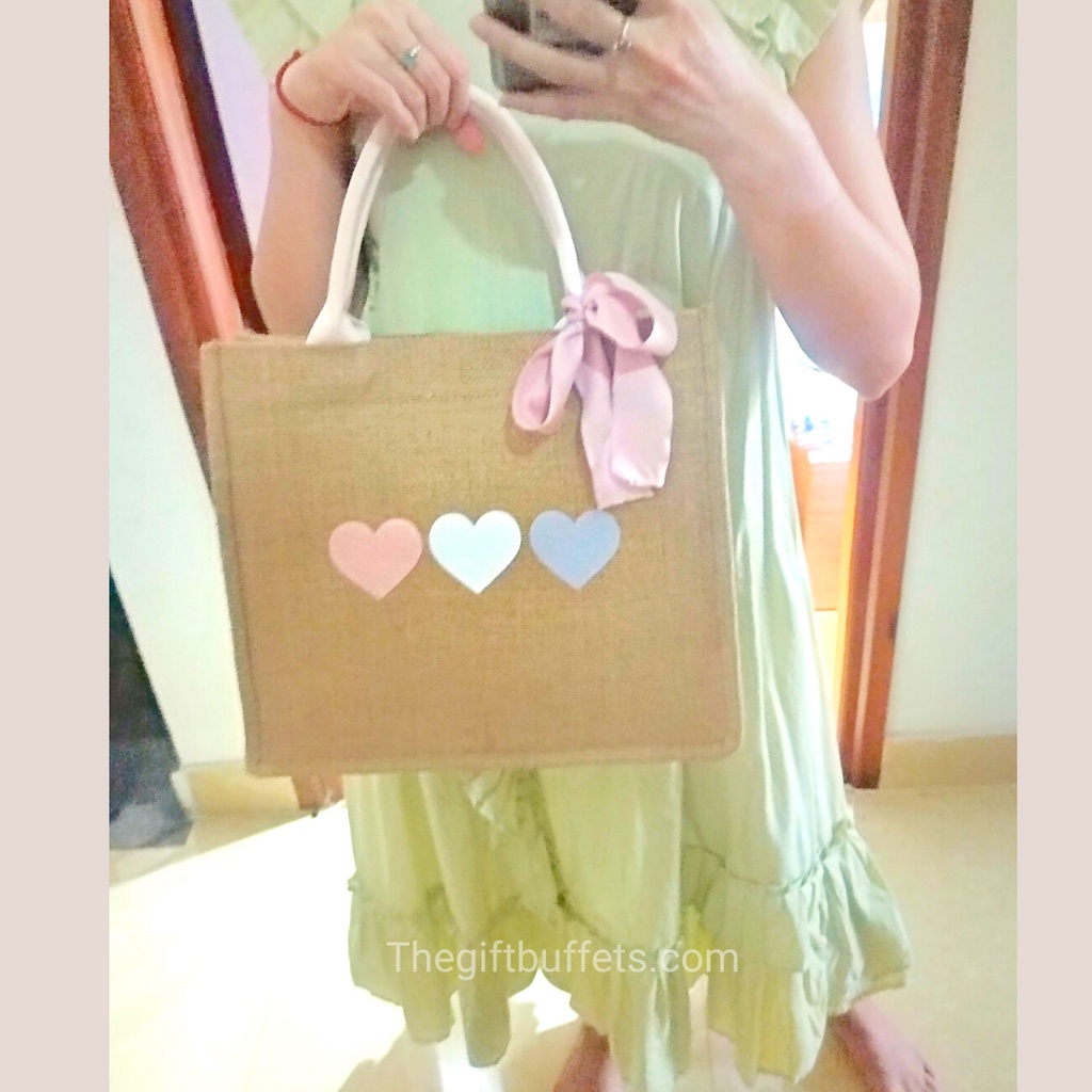 ❤️Túi Sợi Đay 3 Trái Tim Màu Pastel kèm Nơ