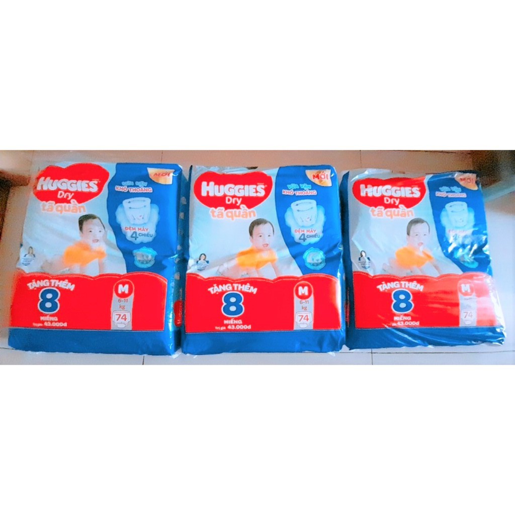 Combo 3 Gói Tã Quần Huggies Dry Gói Cực Đại M74 (74 Miếng) + Khuyến Mại Tặng 8 Miếng