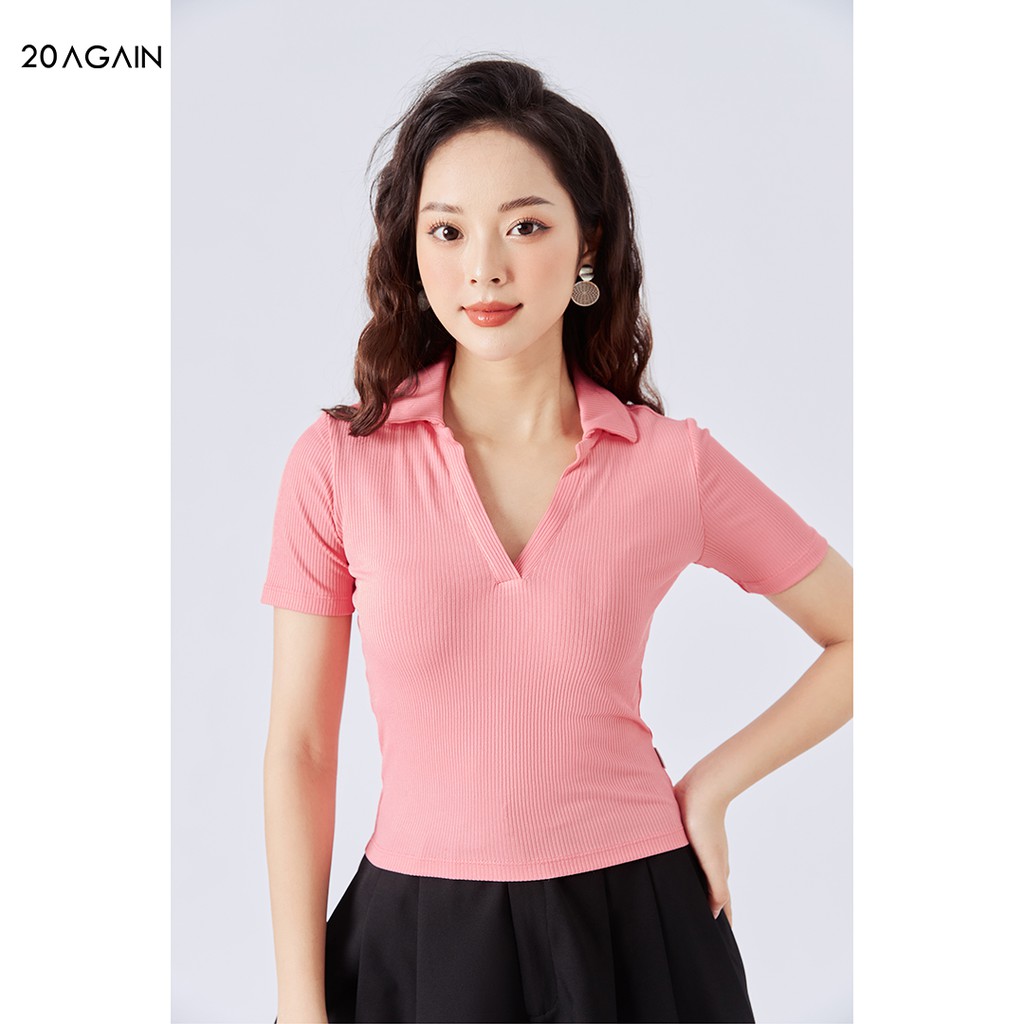 Áo phông nữ cổ tim ngắn tay 20AGAIN, áo thun tăm co giãn, nhiều màu, đủ size ATA1750 | BigBuy360 - bigbuy360.vn