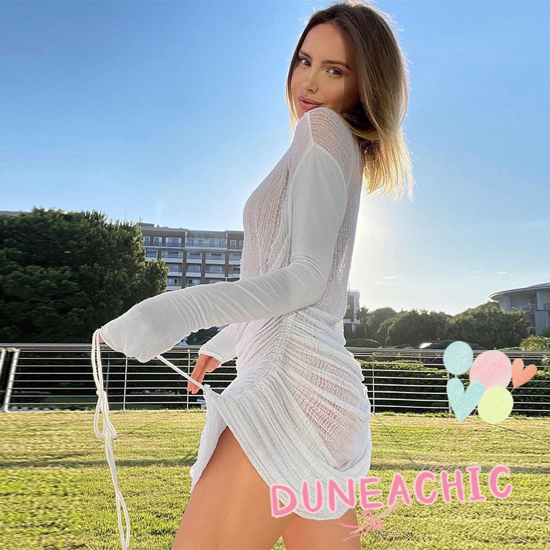 Đầm Tay Dài Cổ Tròn Thiết Kế Dây Rút Phong Cách Quyến Rũ