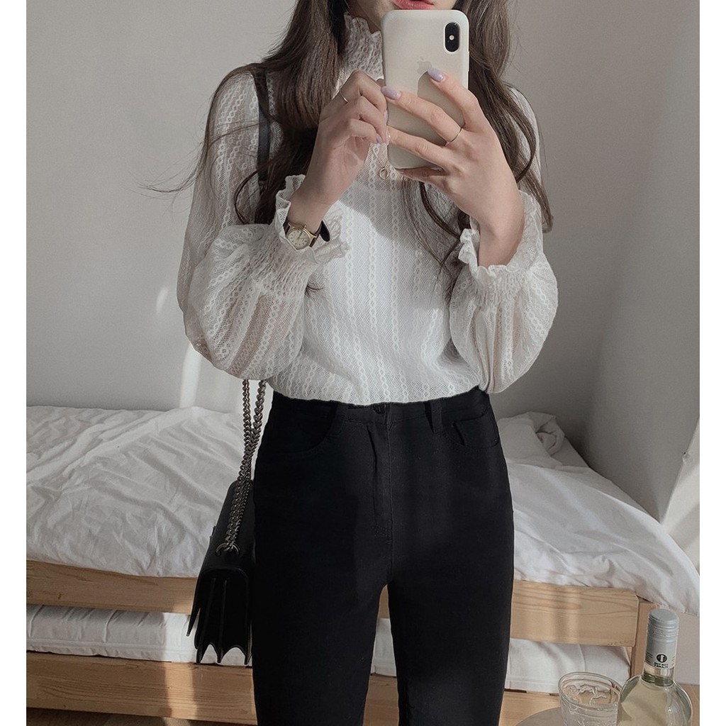 Áo Nữ Cổ Cao Tay Dài Phối Ren Phong Cách Hàn Quốc 40669