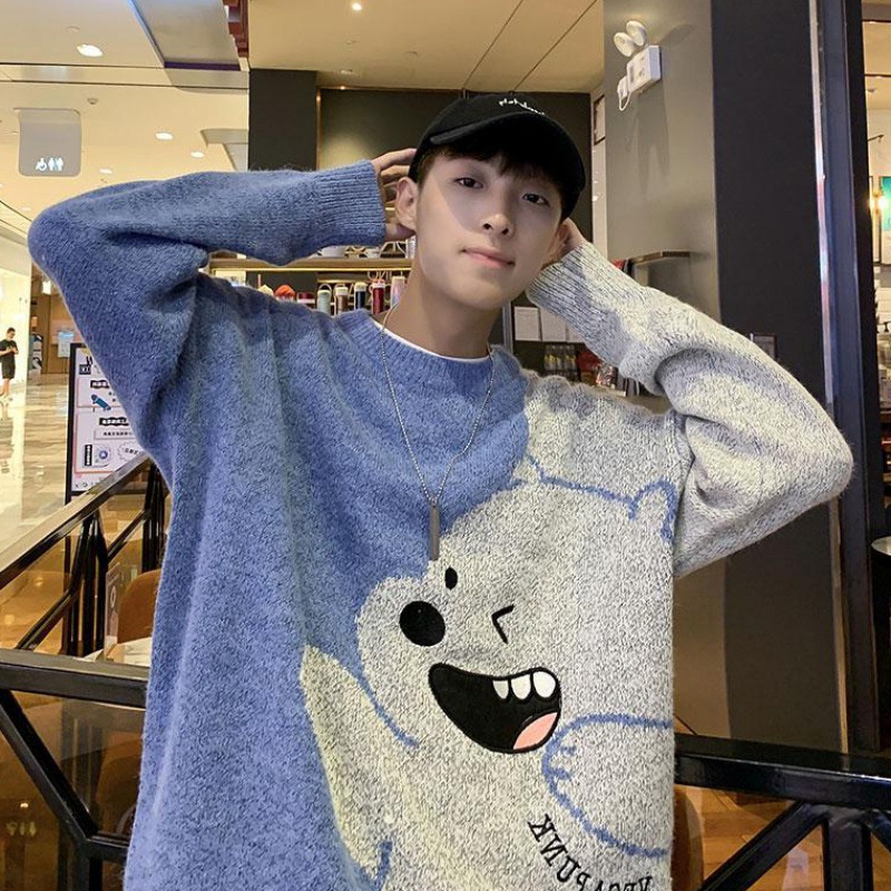 Áo Sweater Dệt Kim Tay Dài Dáng Rộng In Hoạt Hình Kiểu Hồng Kông Thời Trang Cho Nam Tf1