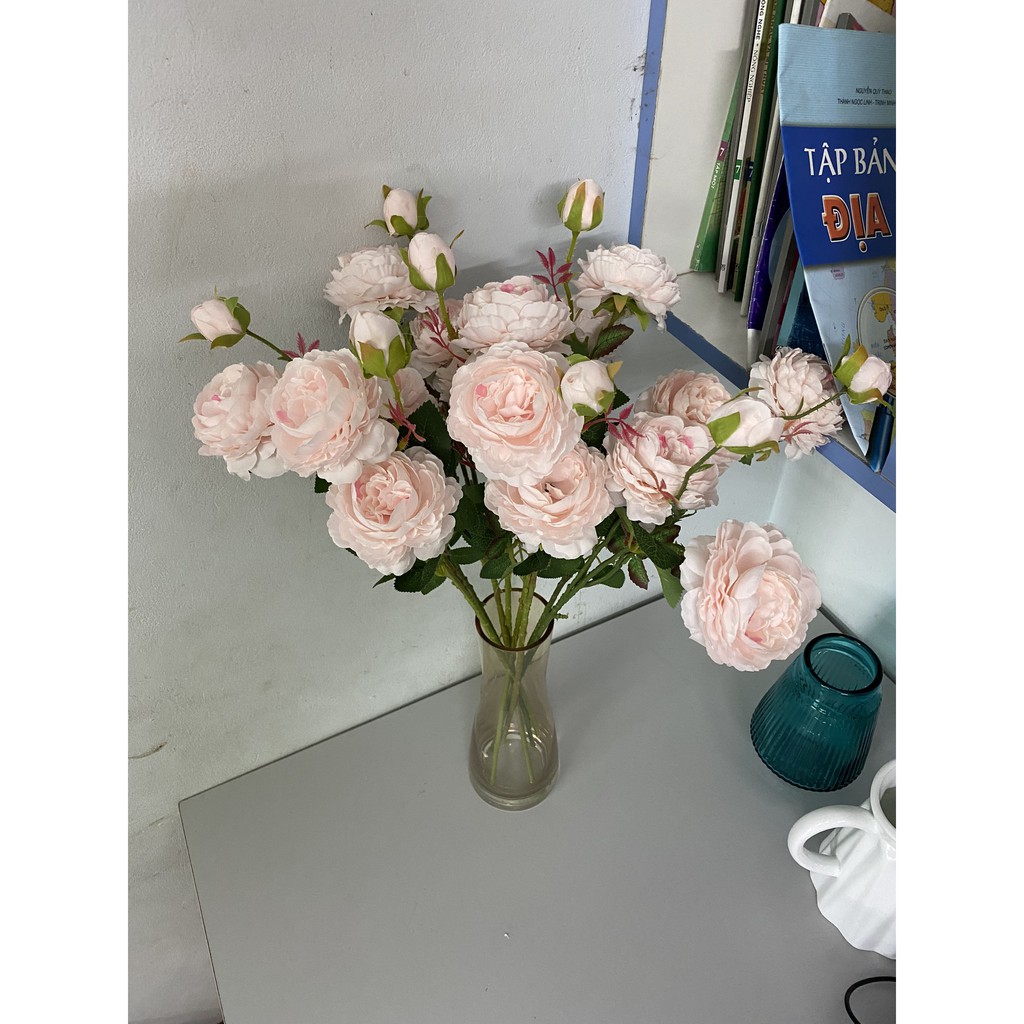[Hoa giả]-Hoa hồng mẫu đơn lụa cao cấp cành lớn 2 bông 1 nụ dài 61cm trang trí nội thất, nhà cửa decor
