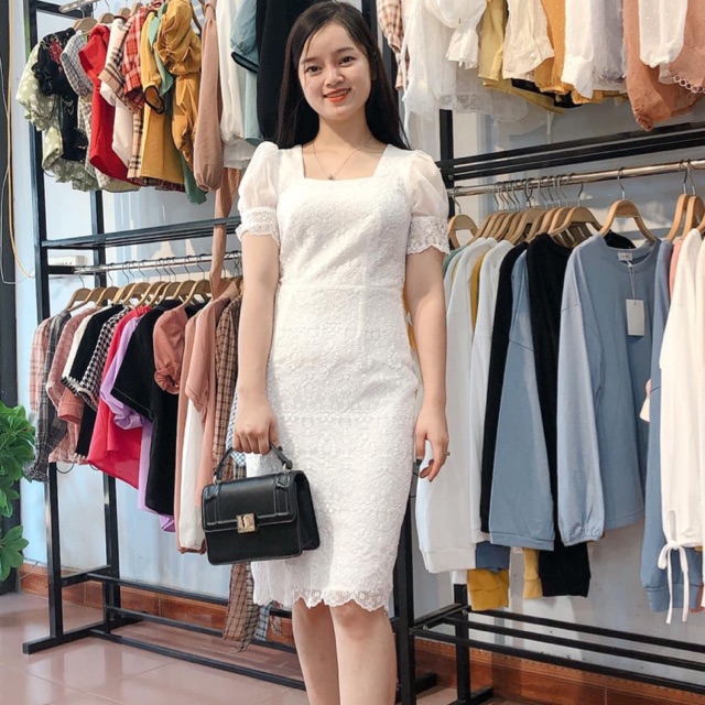 Váy ren body màu kem và trắng