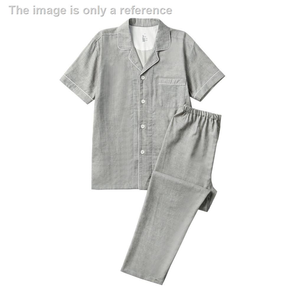 MUJI  Bộ Đồ Ngủ Pijama cotton Ngắn Tay Hai Lớp Sợi Kẻ Sọc Caro Cho Cặp Đôi