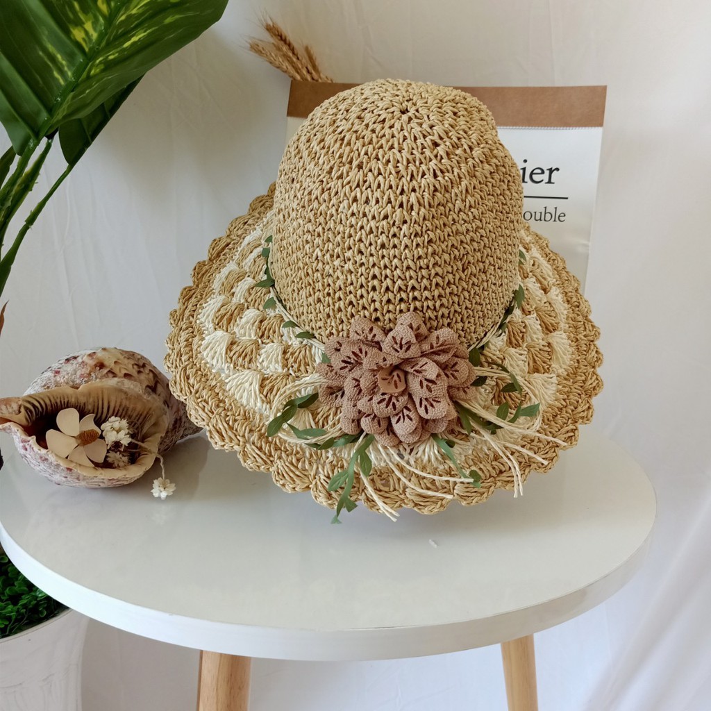 Nón cói, Mũ cói đi biển cho nữ, chất liệu mũ cói mềm phối nơ đẹp (hình chụp thật) -Q12-xanh-mềm