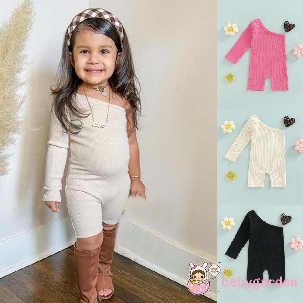 BABYGARDEN-1-6years Baby Girls Ribbed Jumpsuit, One-shoulder Solid Summer Paysuit for Daily Party